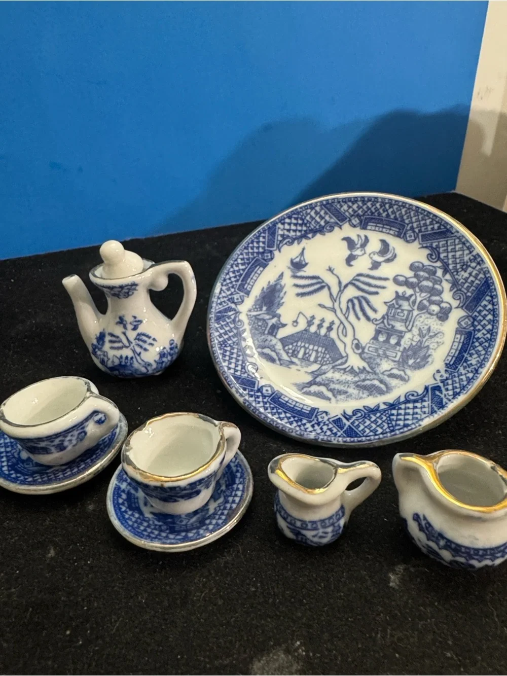 10pc Lot Miniature Mini Blue/White Gilded Porcelain TEA SET Teapot Sugar Creamer